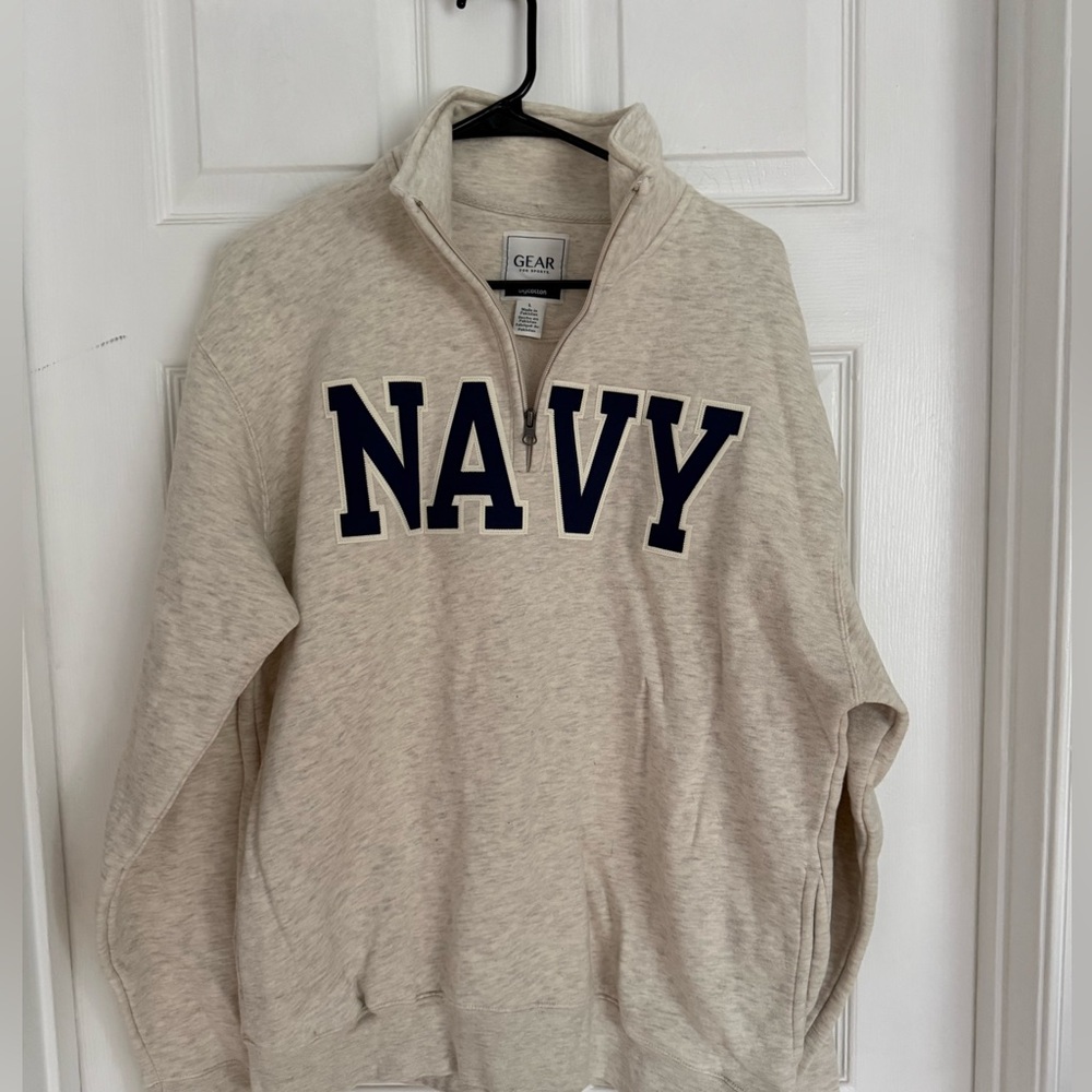 Men's Oatmeal Heather Navy 1/4 Zip Sweatshirt (L)